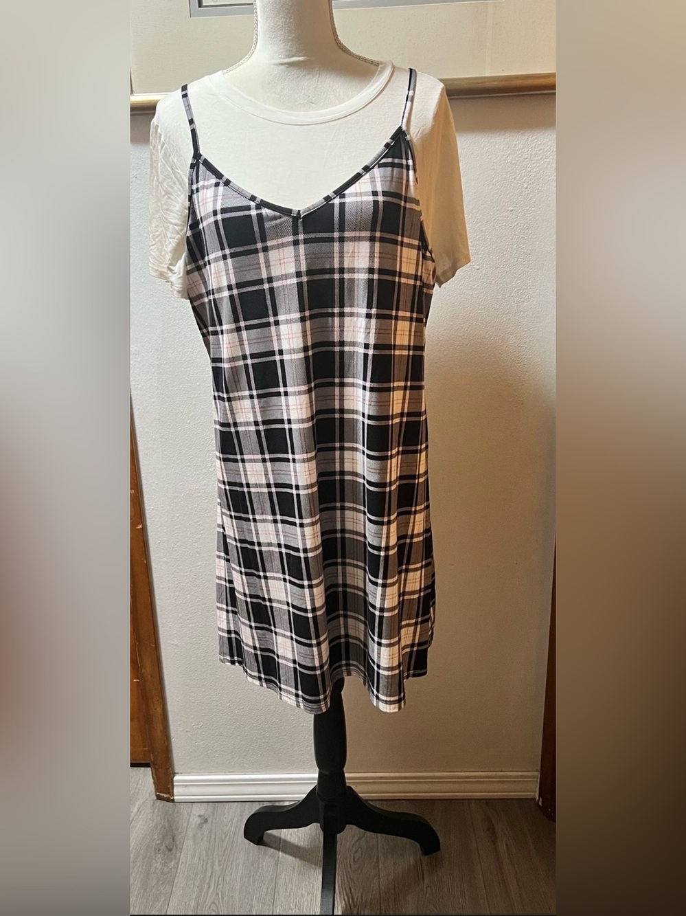Plaid Spaghetti-Strap Midi Dress in Black and White
